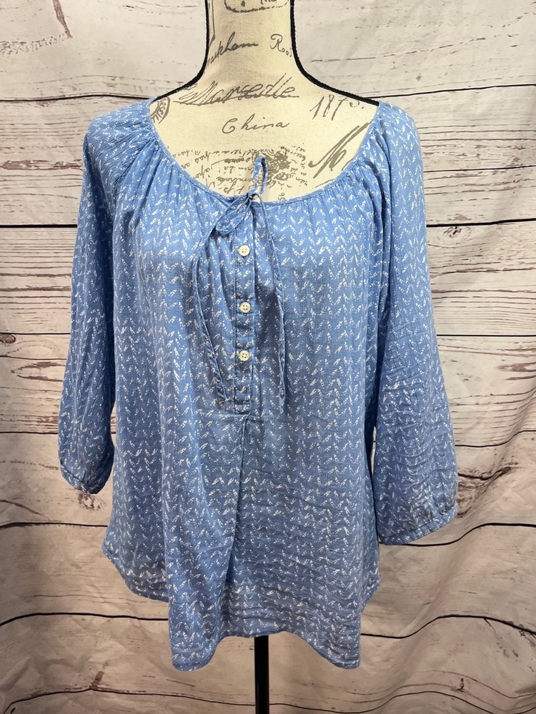 LOFT Womens Medium Light‎ Blue Peasant Blouse 3/4 Sleeve Bohemian Flowy